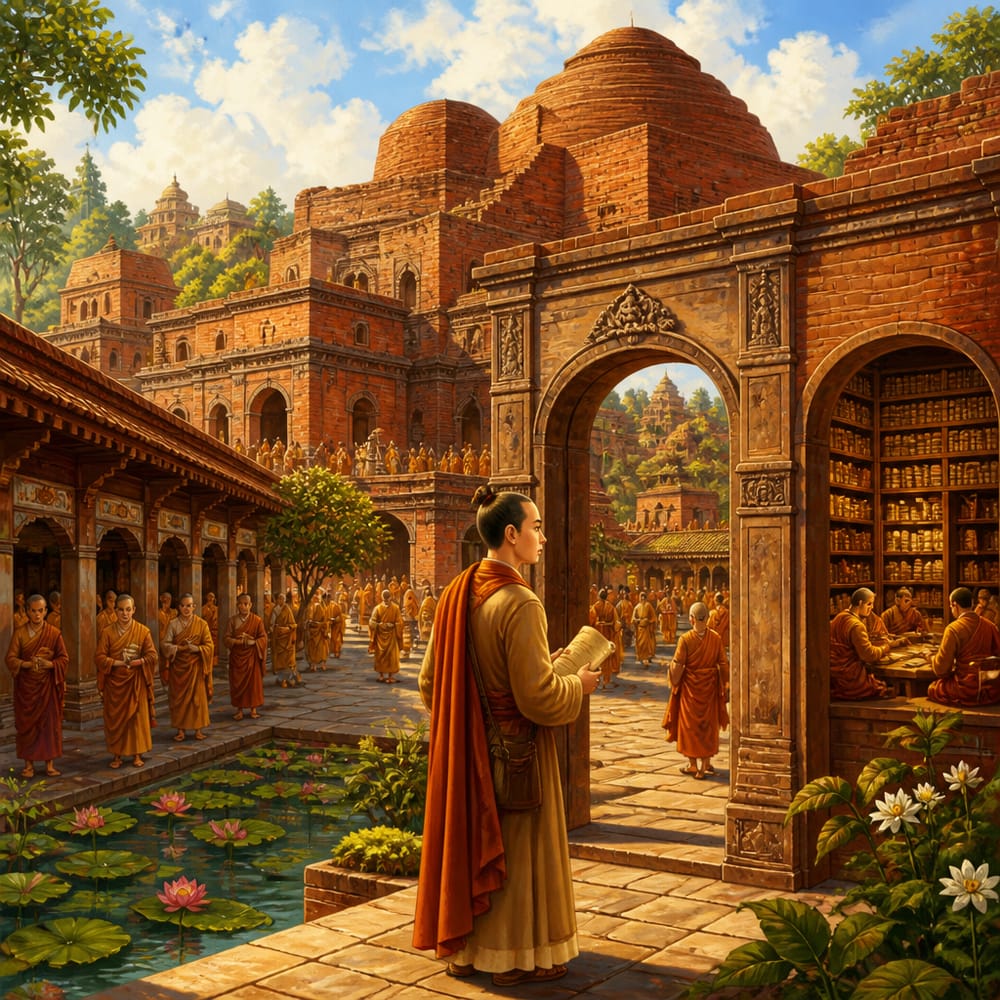 Ancient Nalanda University with monks and scholars in the 7th century