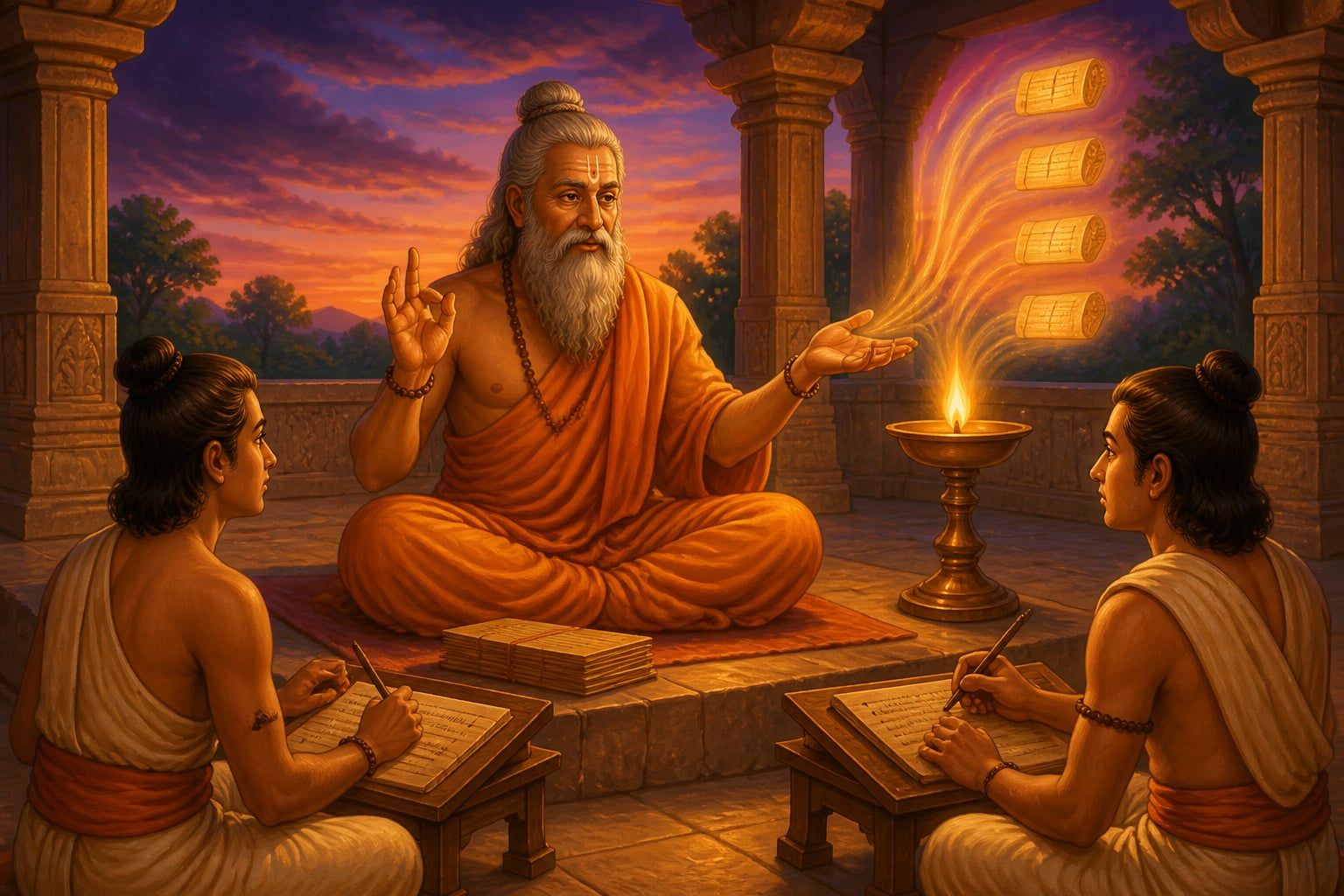 Bharata Muni dictating the Natya Shastra to disciple-scribes