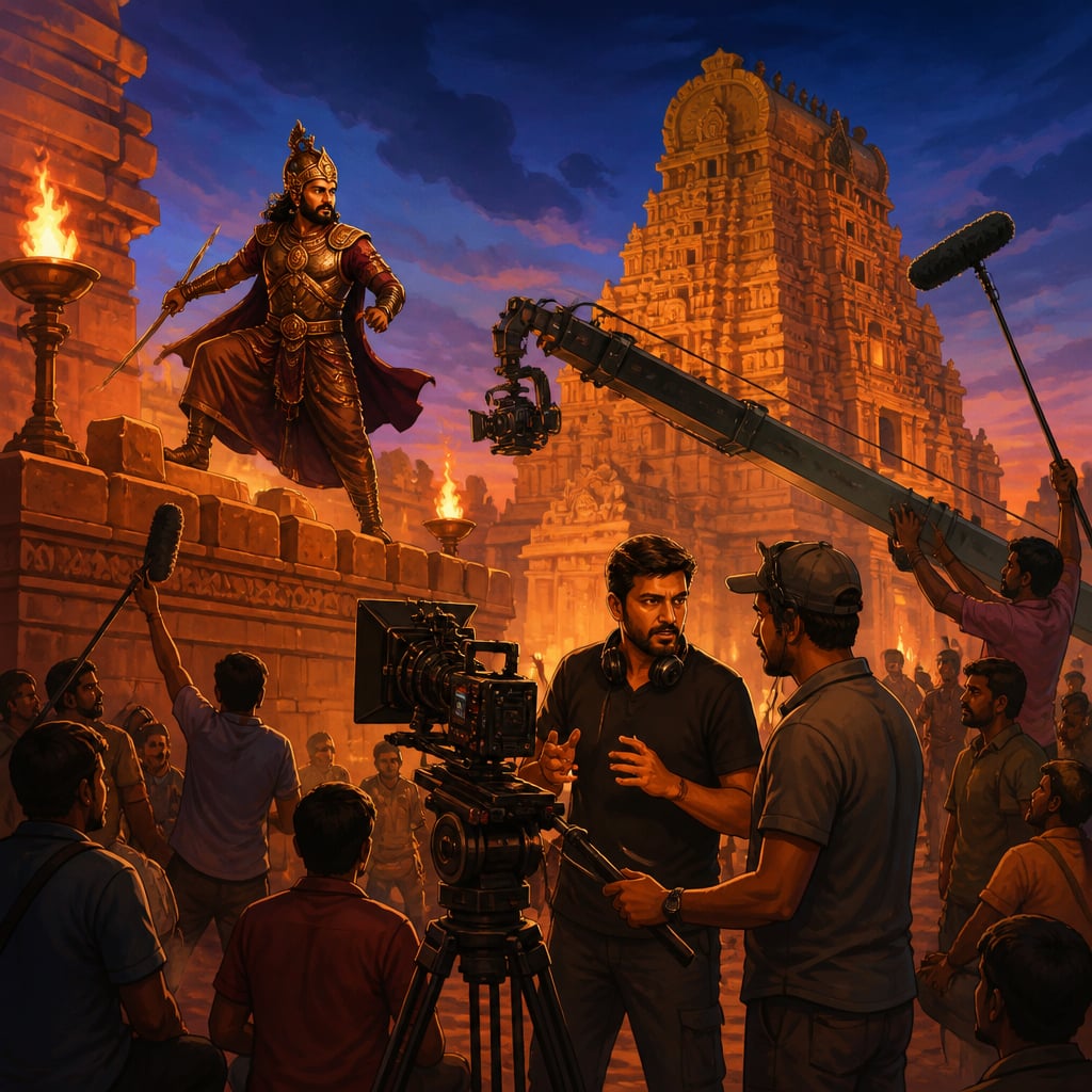 Indian period film shoot at a sandstone temple set at twilight
