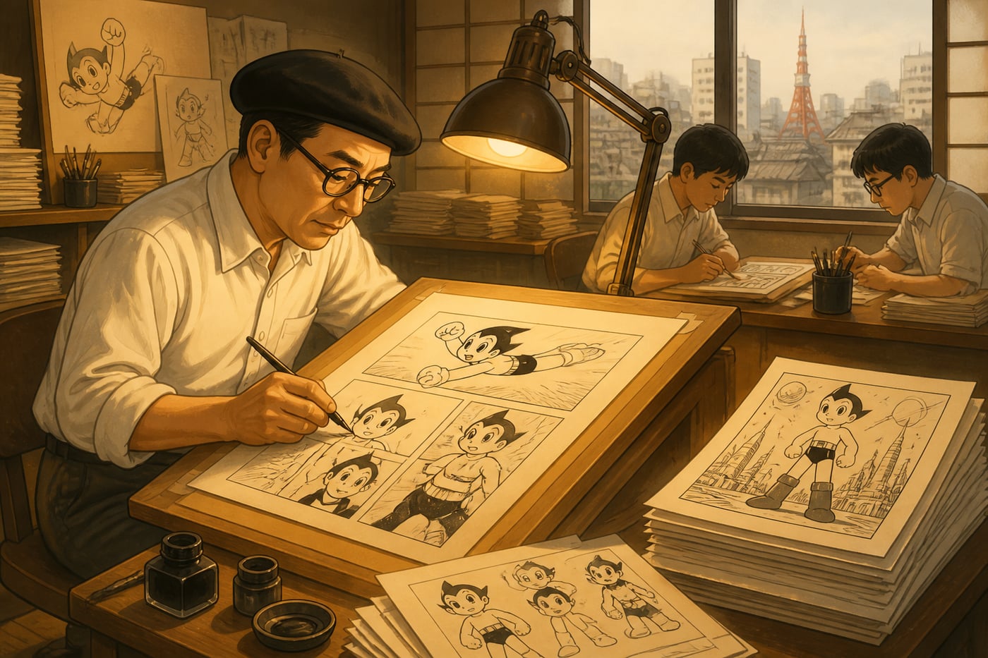 Osamu Tezuka inking Astro Boy at his Tokyo drafting desk