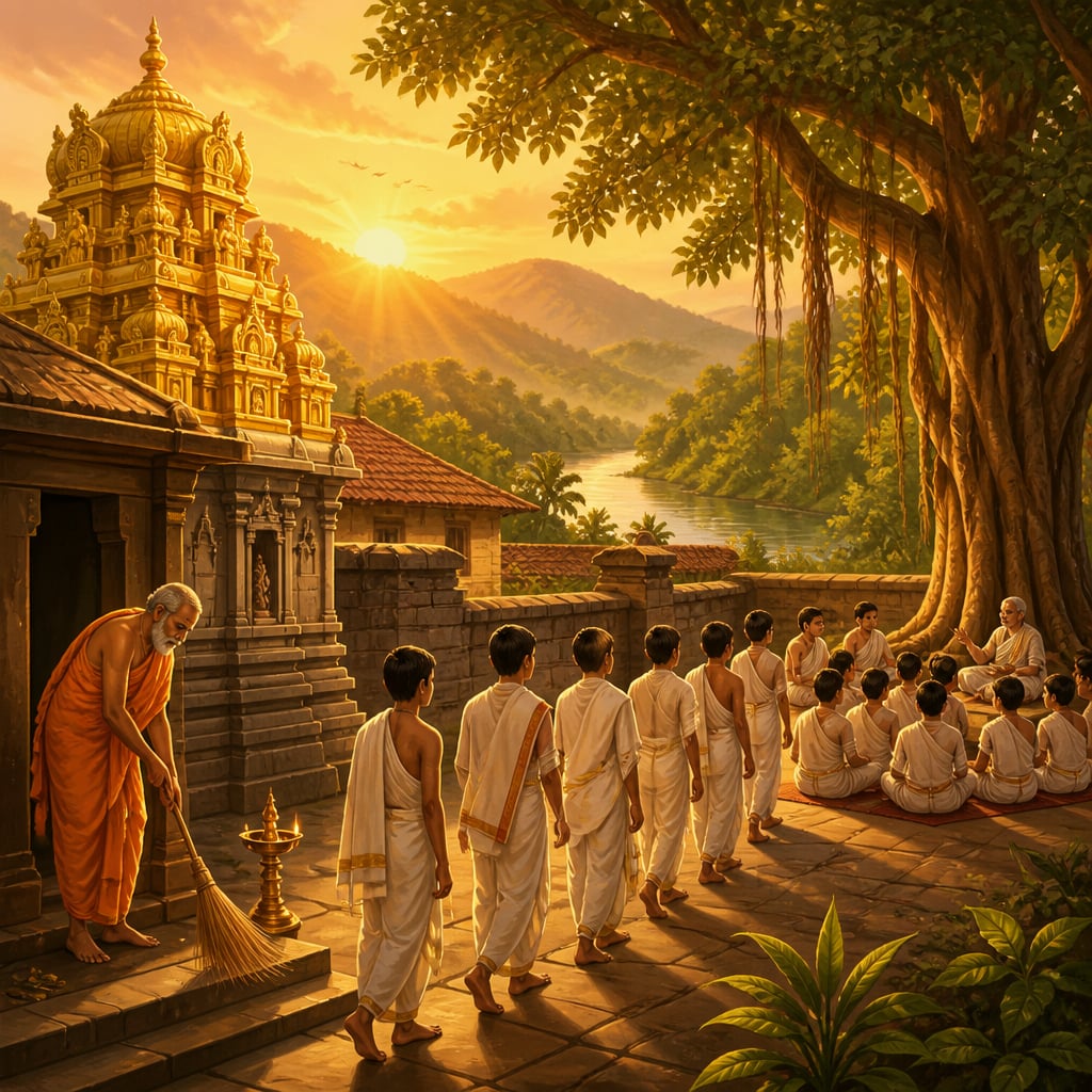 Sringeri Sharada Peetham complex at dawn in the Karnataka hills
