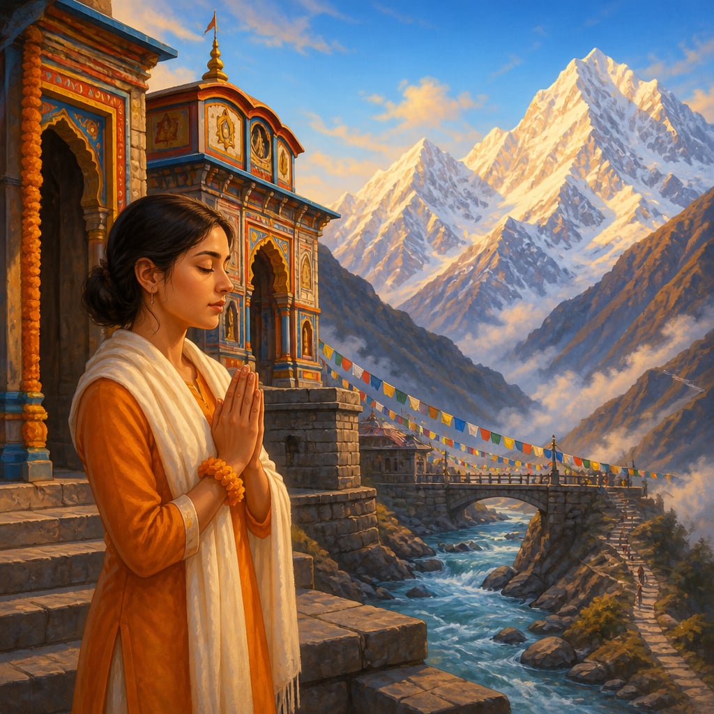 Young pilgrim in saffron at the Badrinath shrine threshold at dawn
