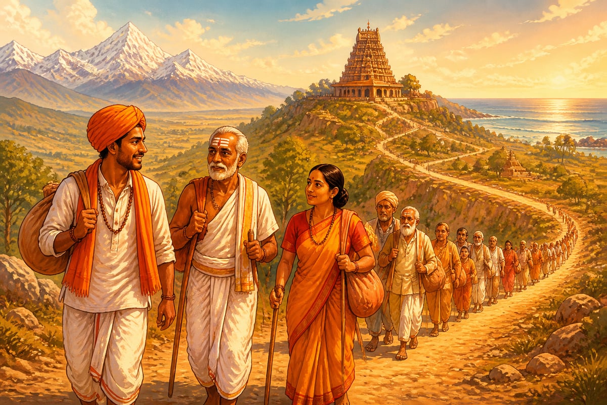 Pan-Bharat pilgrims walking together across the subcontinent