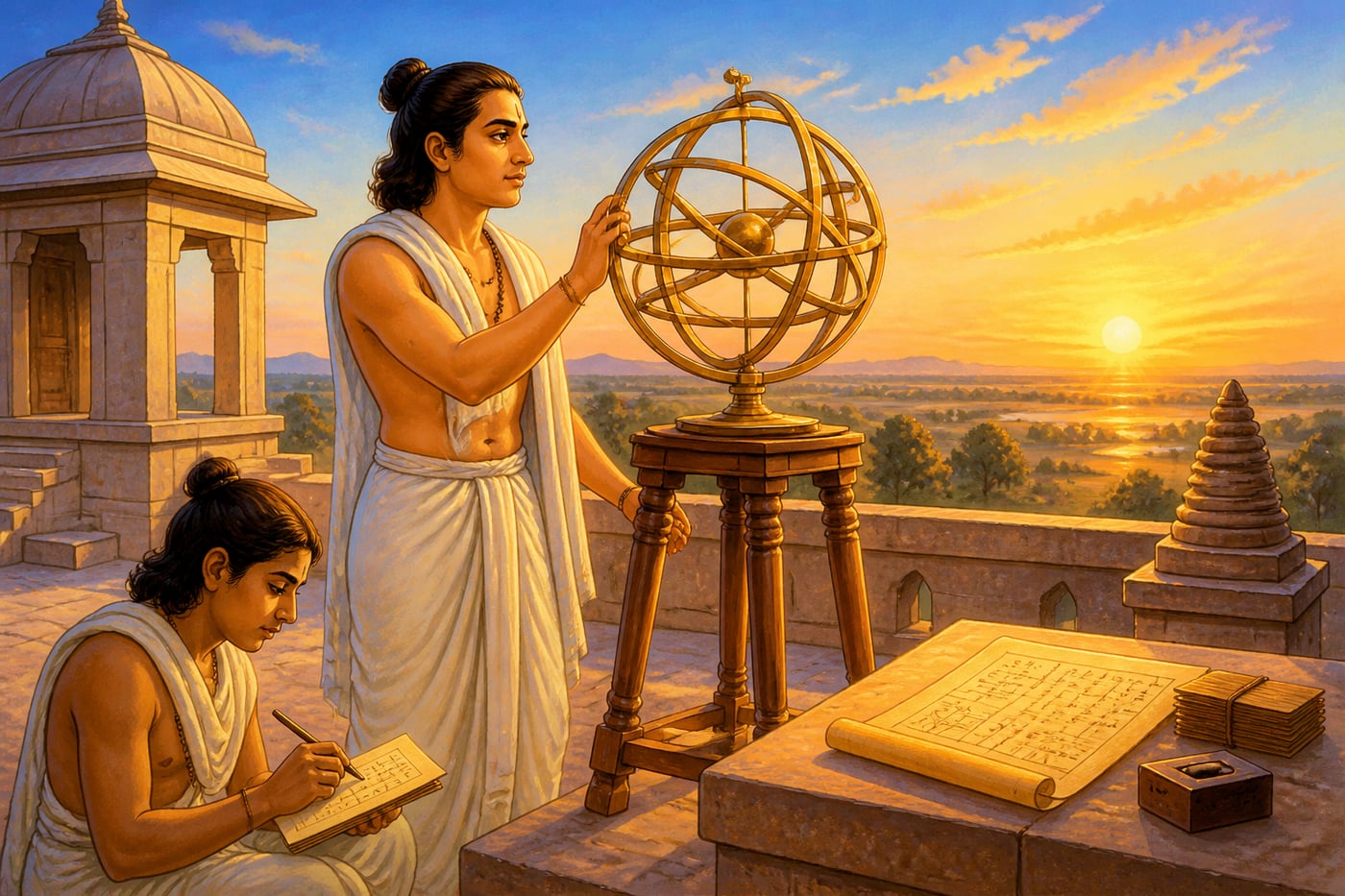 Aryabhata calculating at a Gupta-era observatory at dawn