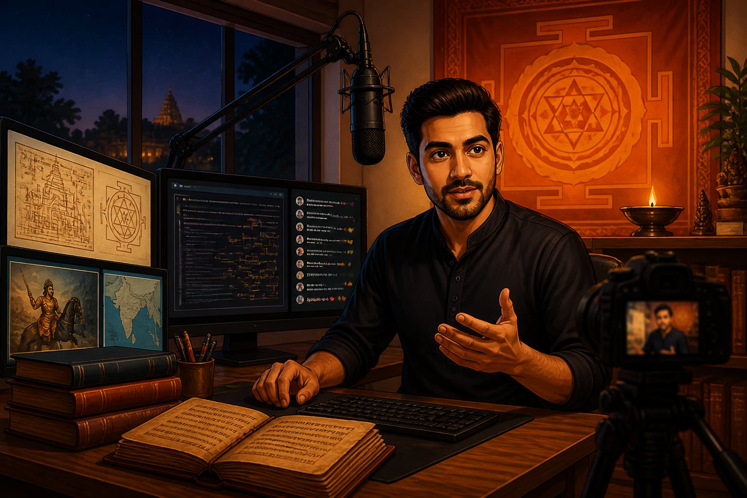 A modern Indian intellectual broadcasting from a home studio