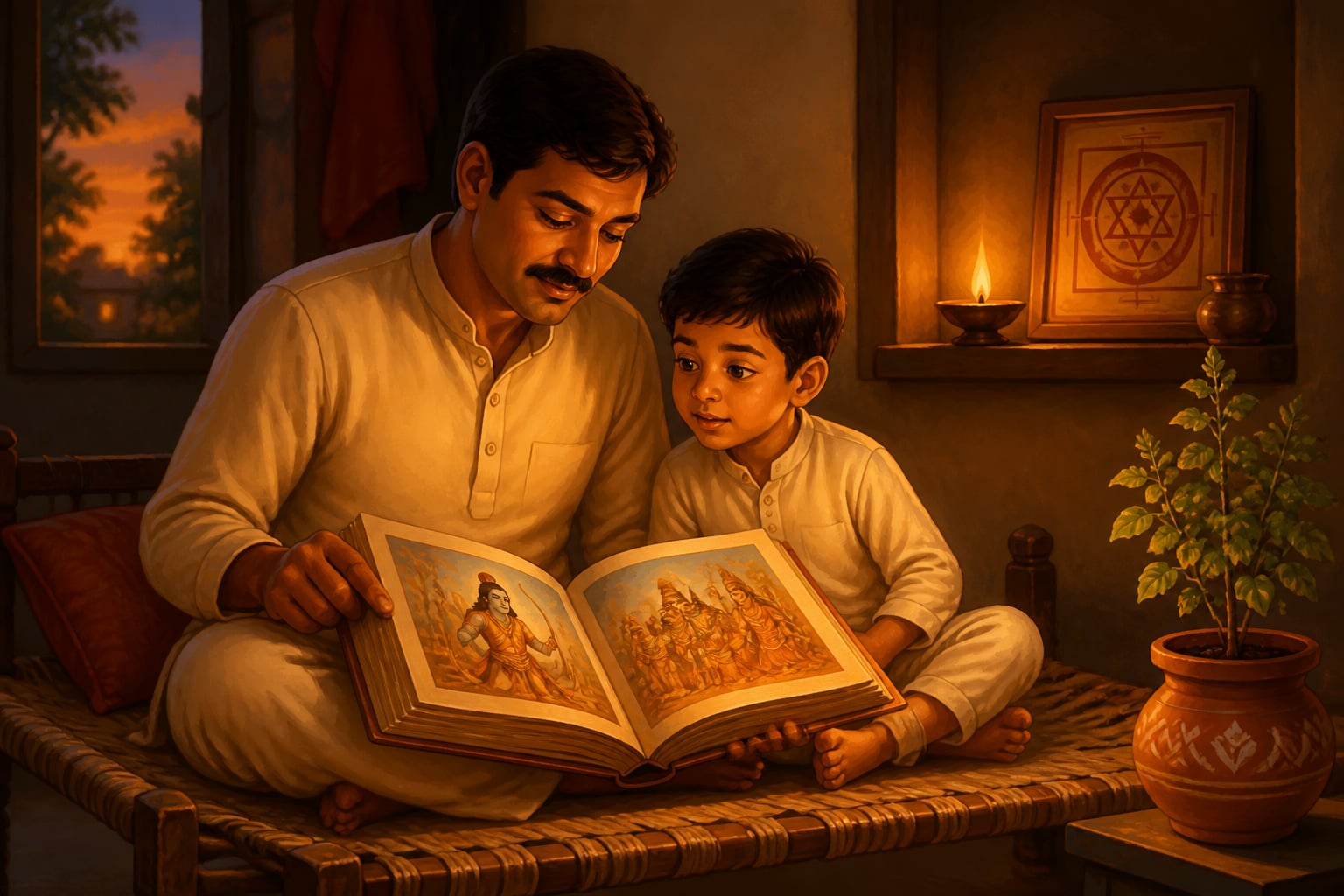 An Indian father reading the Ramayana to his child at home