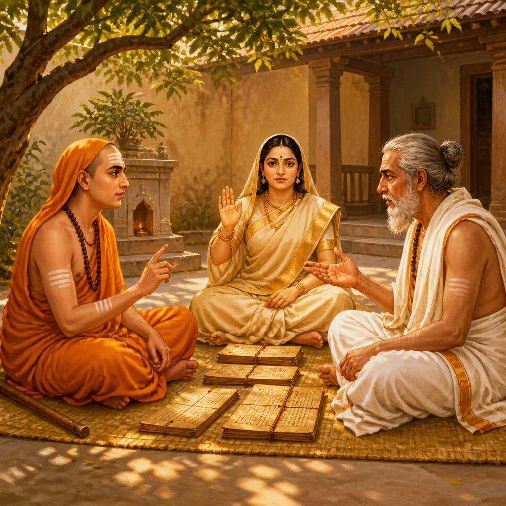 Young Adi Shankara debating Mandana Mishra in an 8th century courtyard