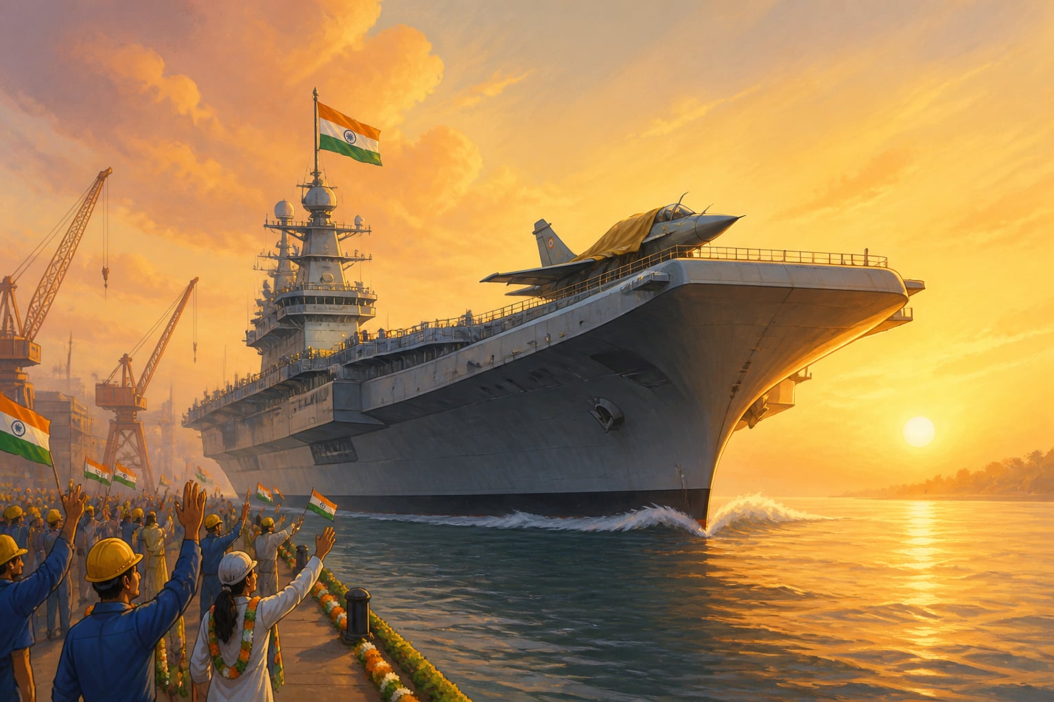 INS Vikrant steaming out of Cochin shipyard at sunrise