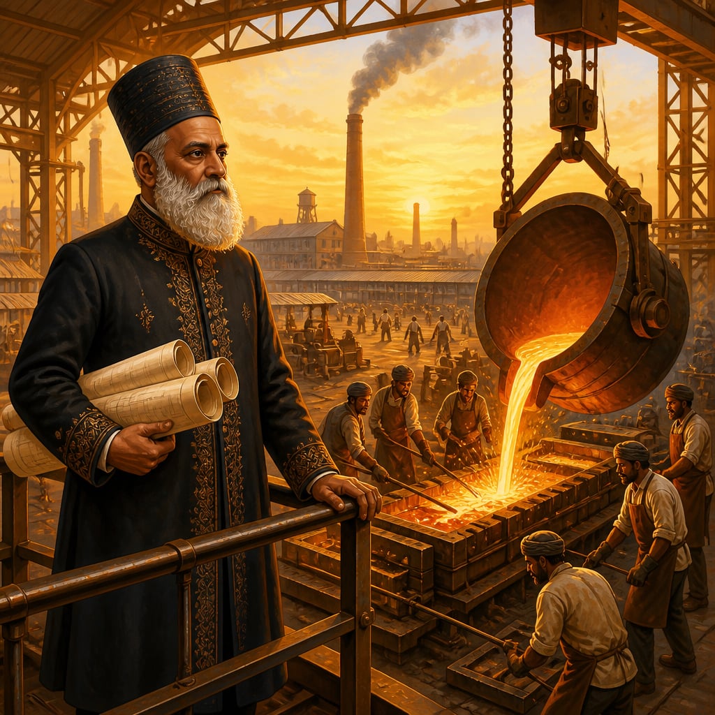 Jamsetji Tata on a gantry in the early Jamshedpur steel mill, watching molten iron pour as Indian workers tend the furnace.