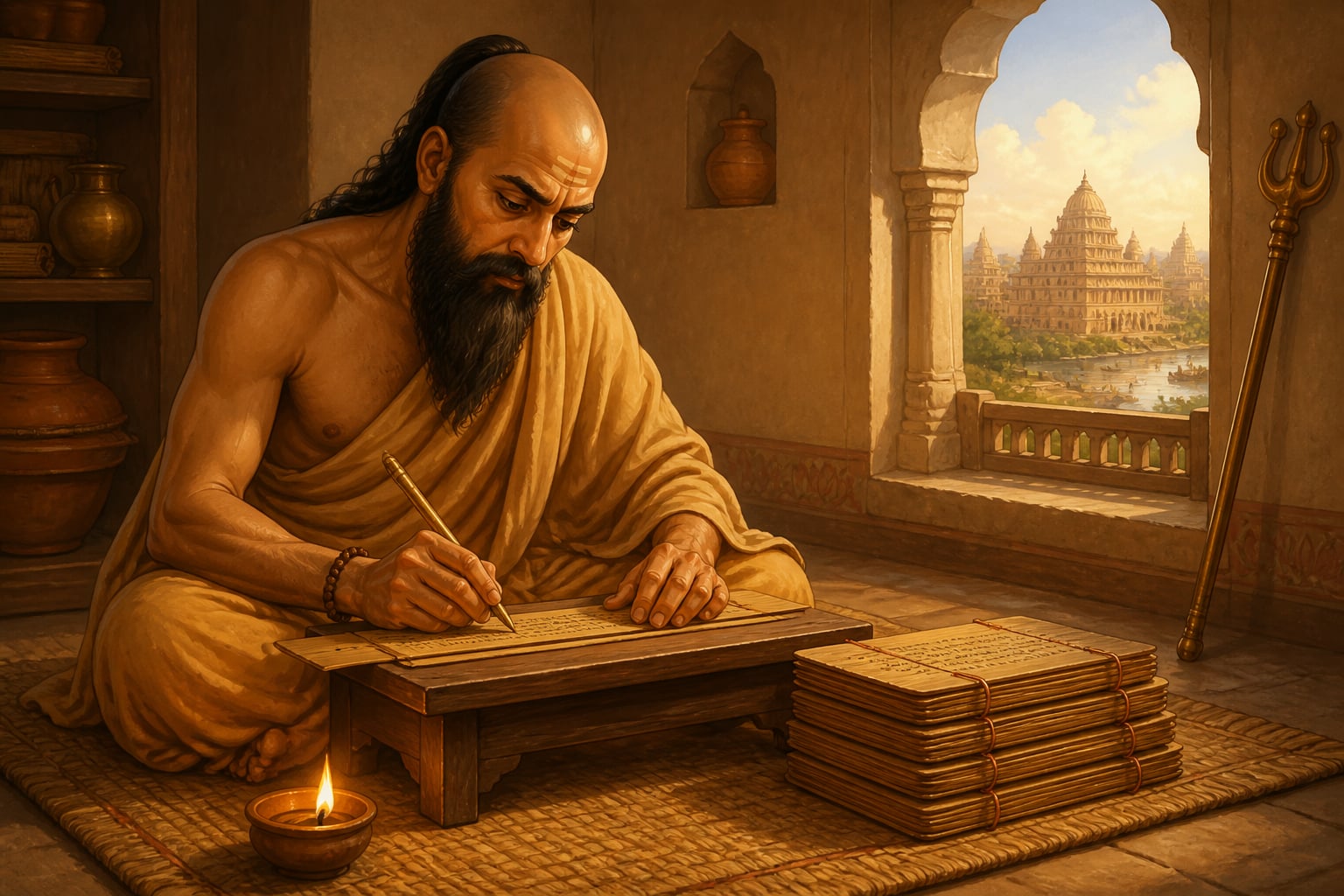 Kautilya inscribes the Arthashastra chain from artha to dharma