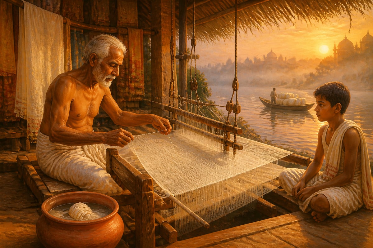 An elderly Dhaka weaver drawing woven-air muslin at his pit-loom