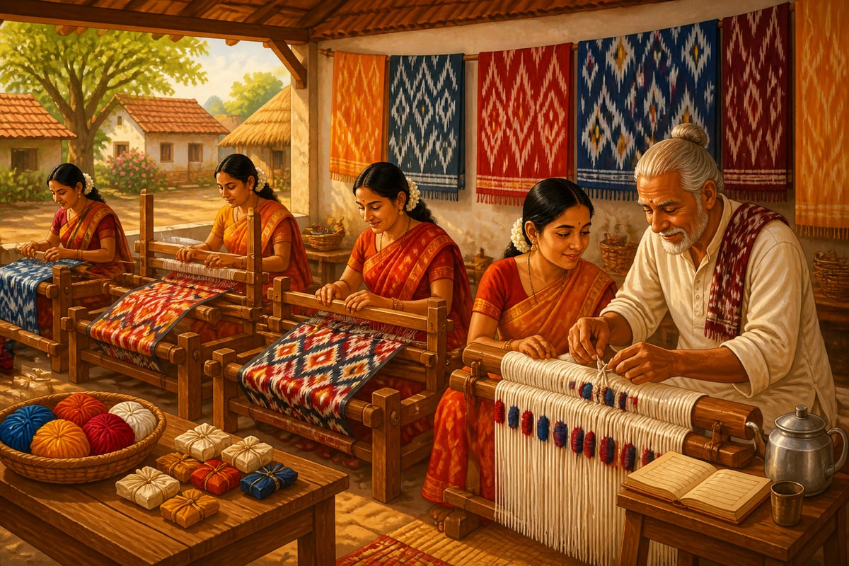 Pochampally Ikat cooperative weavers at side-by-side looms