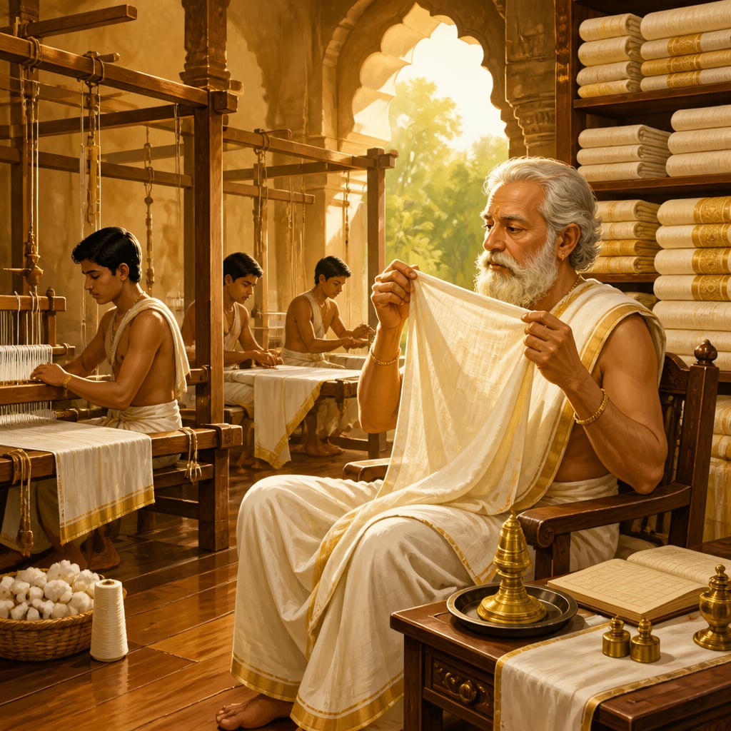 Senior textile guild Shreshthi inspecting a bolt of muslin in an ancient Indian Shreni workshop as apprentices weave behind him.