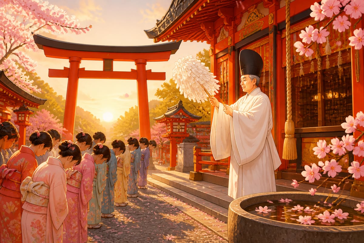 A liberated Japanese Shinto shrine vibrant at sunrise