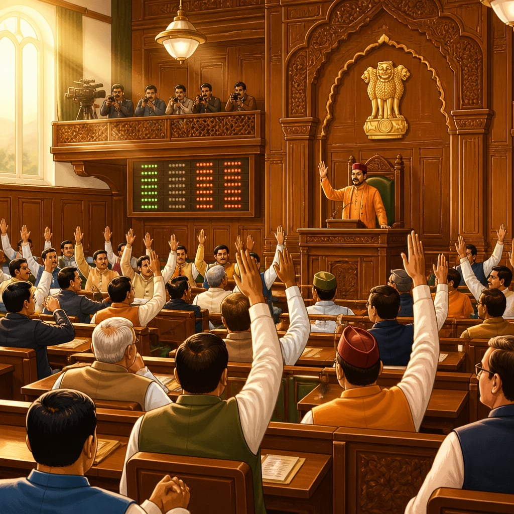 Uttarakhand Legislative Assembly in Dehradun raising hands in an ayes vote on the Uniform Civil Code Bill, February 2024.