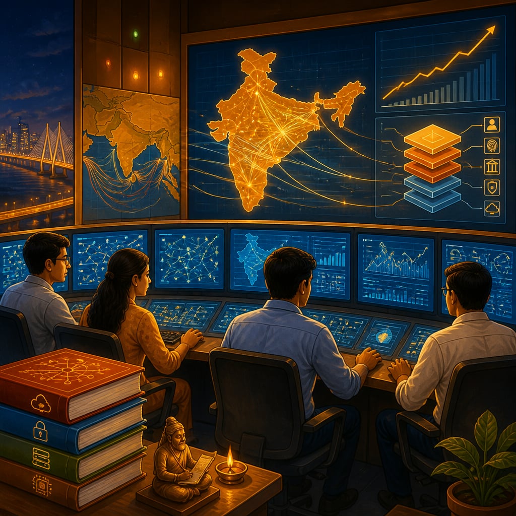 NPCI operations centre in Mumbai at midnight, engineers monitoring eleven billion UPI transactions across a live map of Bharat.