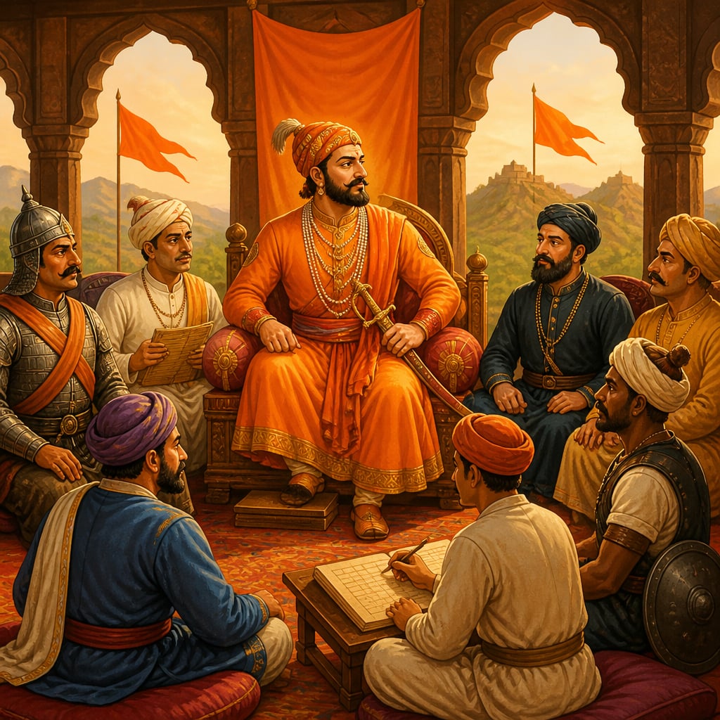 Chhatrapati Shivaji Maharaj at Raigad fort presiding over his Ashtapradhan council of eight ministers chosen by merit.