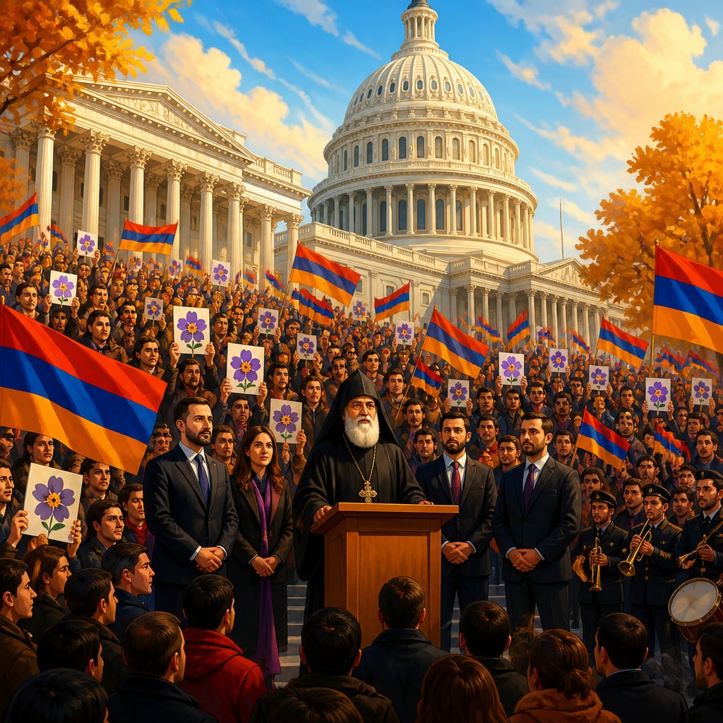 Armenian-American diaspora rally on the steps of the United States Capitol with tri-colour flags and genocide-recognition placards.