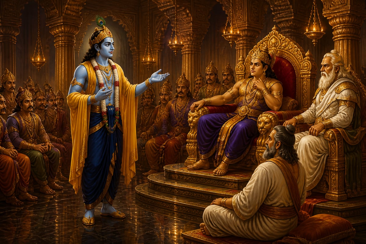 Krishna delivers his Sandhi peace mission at the Kaurava court