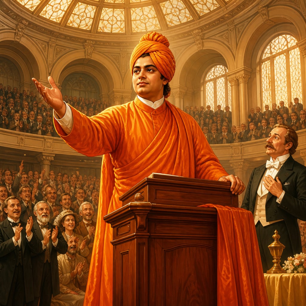 Swami Vivekananda at the 1893 Chicago World Parliament of Religions speaking the opening words, the audience rising in standing ovation.