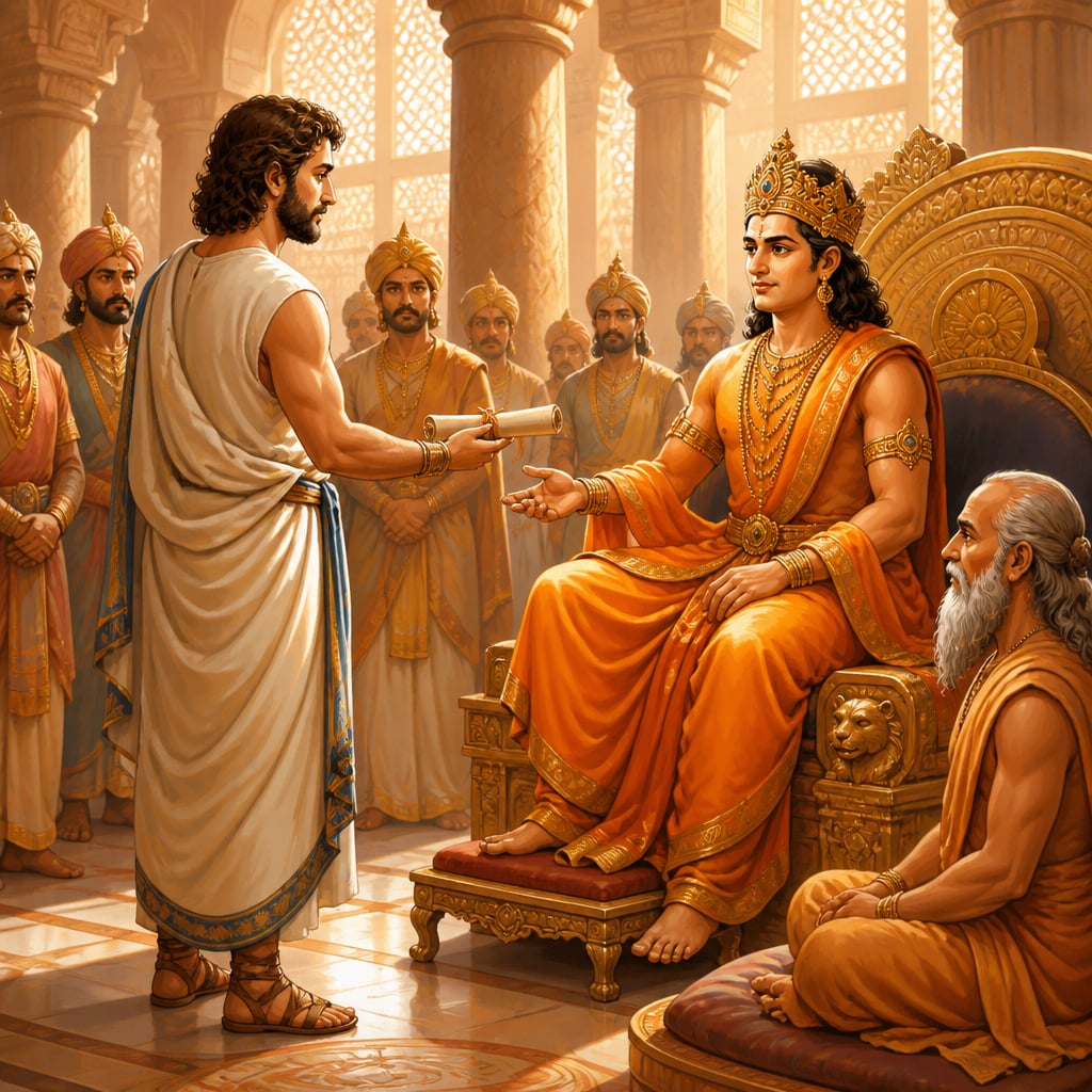 Emperor Chandragupta Maurya receiving Megasthenes, envoy of Seleucus, in the Pataliputra audience hall as Kautilya looks on.