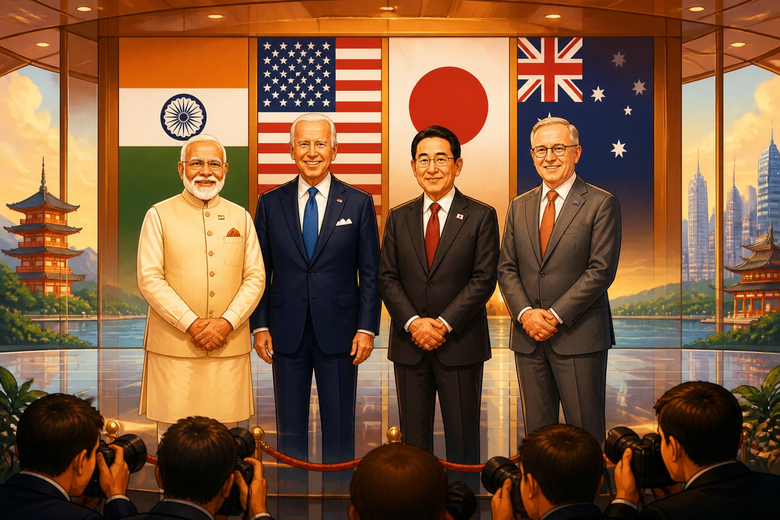 The four Quad leaders standing together for a summit photograph