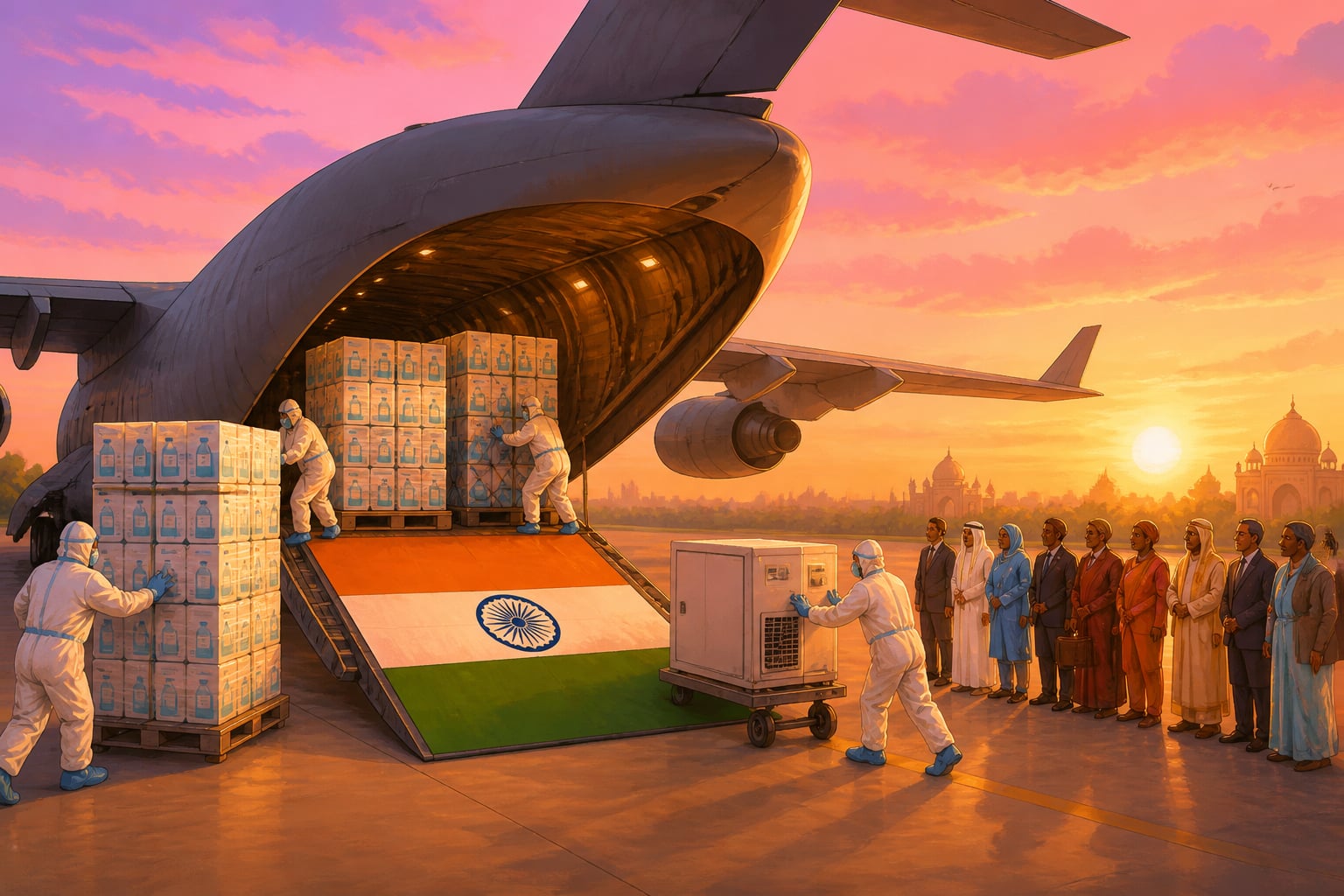 An Indian Air Force C-17 loading Vaccine Maitri pallets at dawn