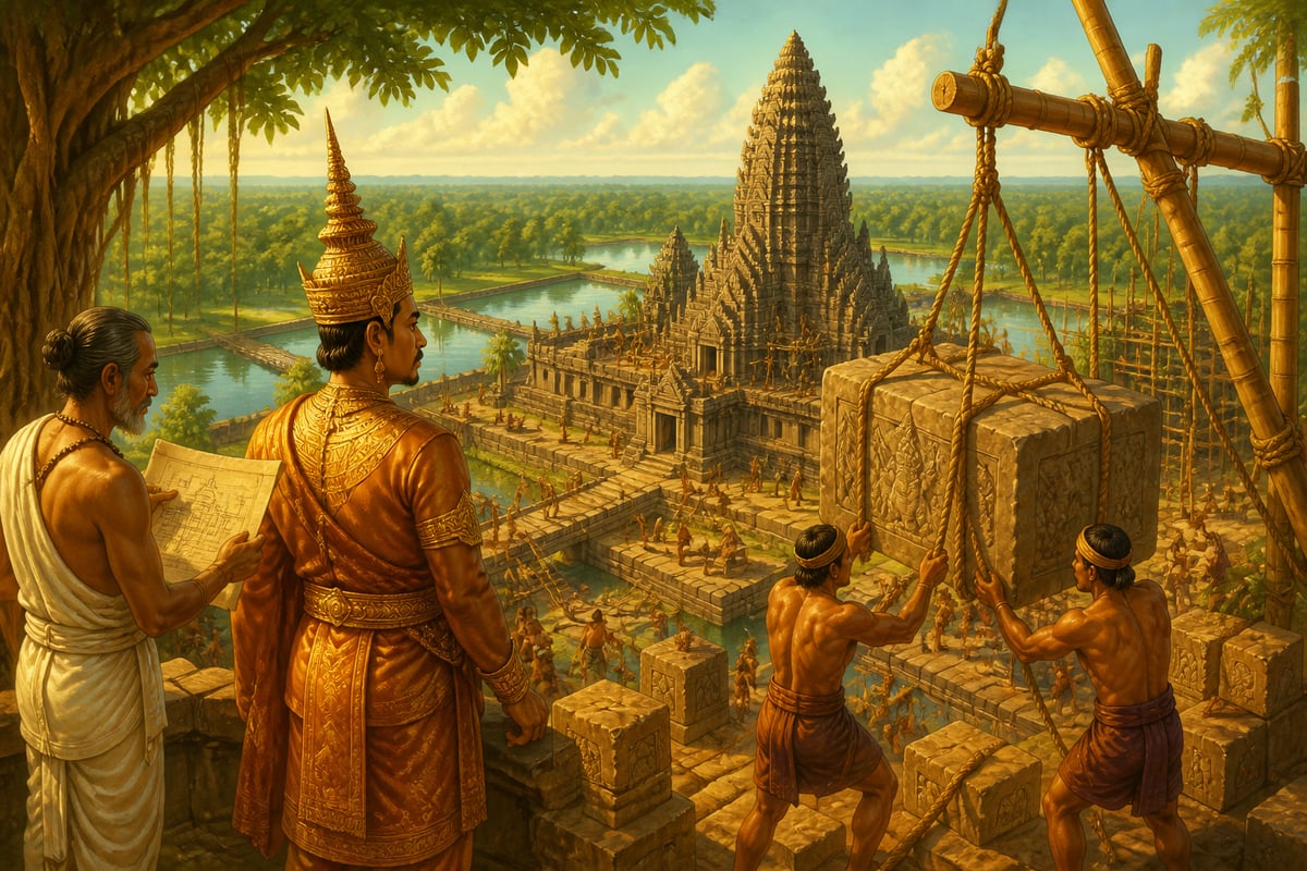 Suryavarman II overseeing Angkor Wat construction in the 12th century