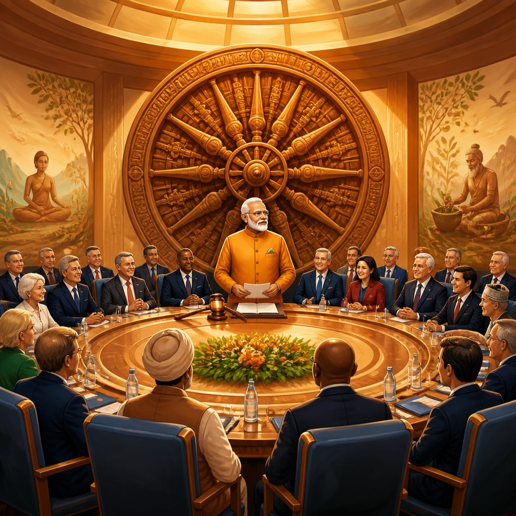 G20 Bharat Mandapam summit in New Delhi, PM Modi presiding over the adoption of the New Delhi declaration under the Konark chakra.
