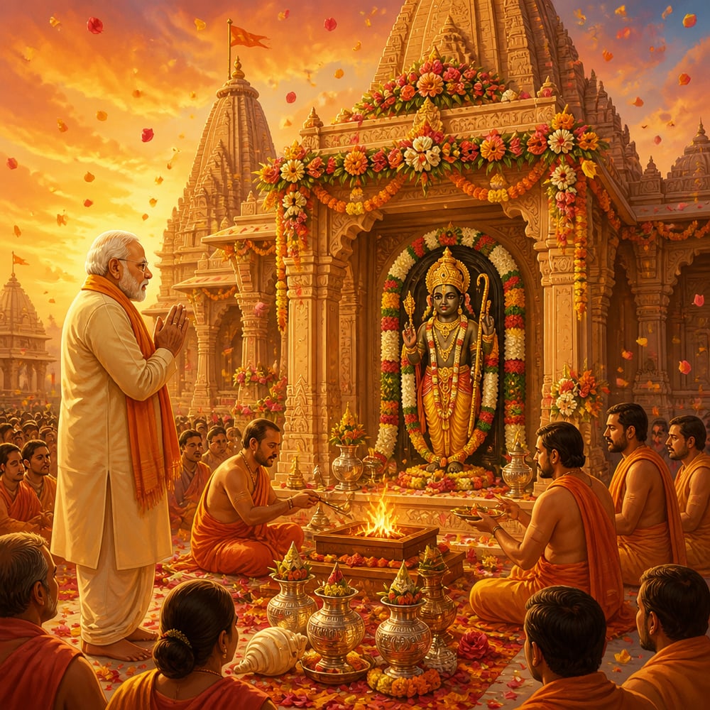 Ram Mandir consecration at Ayodhya on January 22 2024, priests performing prana pratishtha as marigold petals fall across the courtyard.