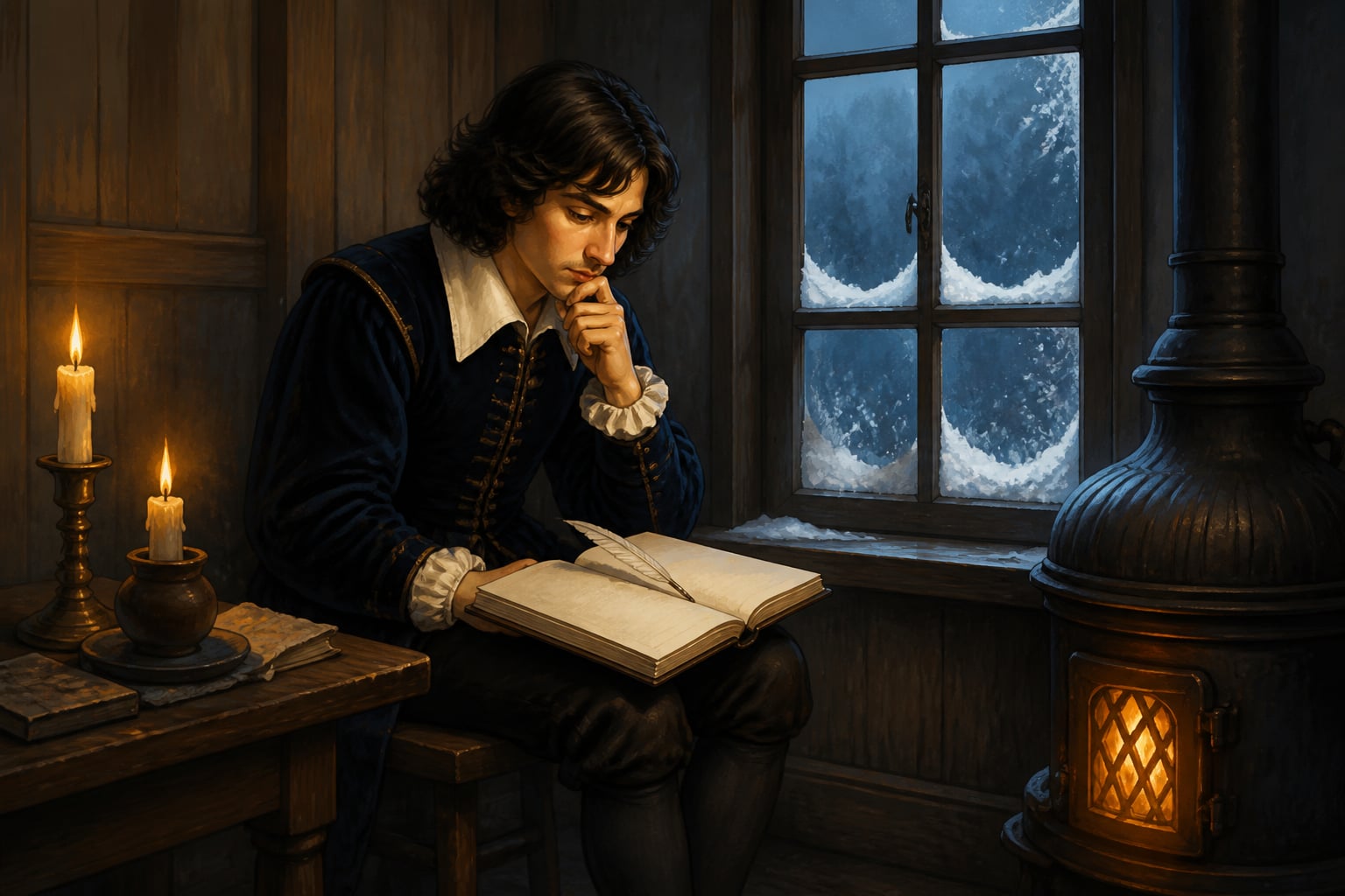 Descartes alone in his stove-heated room