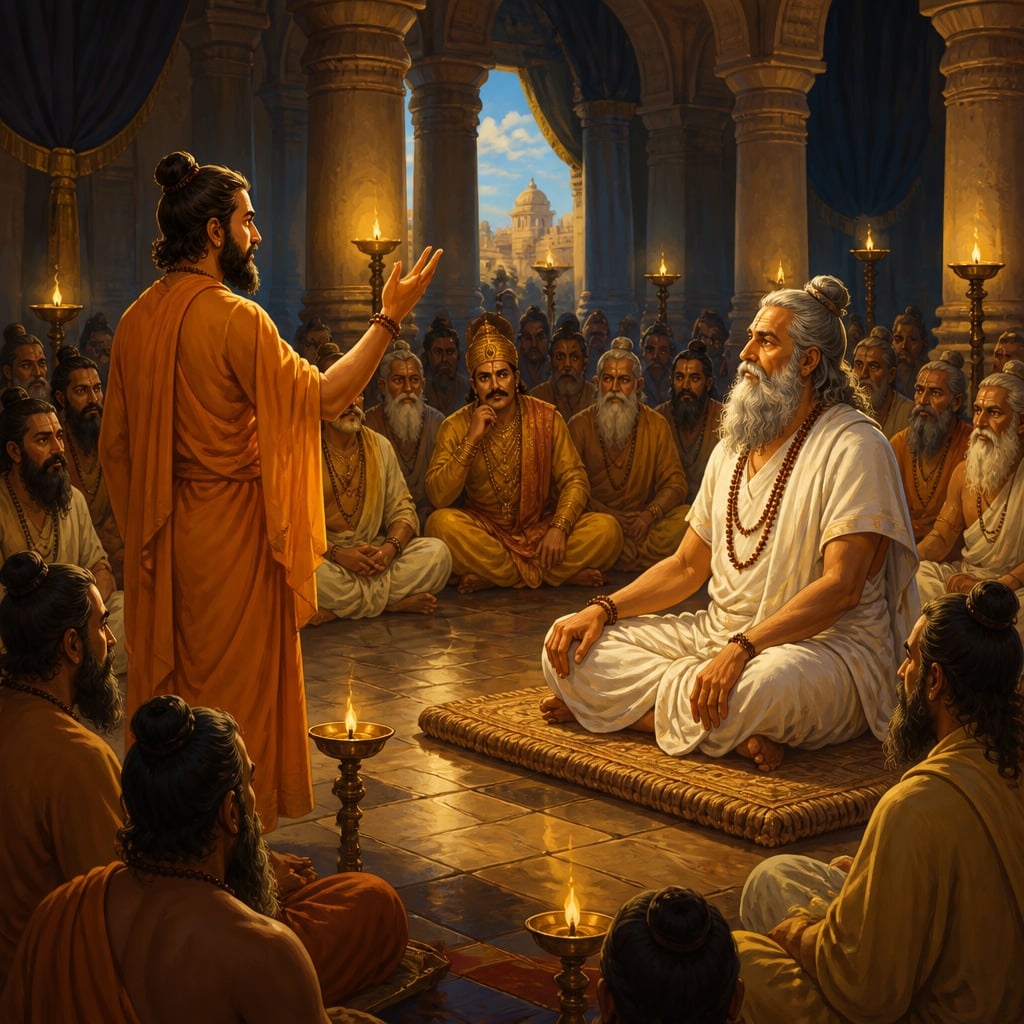 Yajnavalkya seated in the debate assembly at King Janaka's court