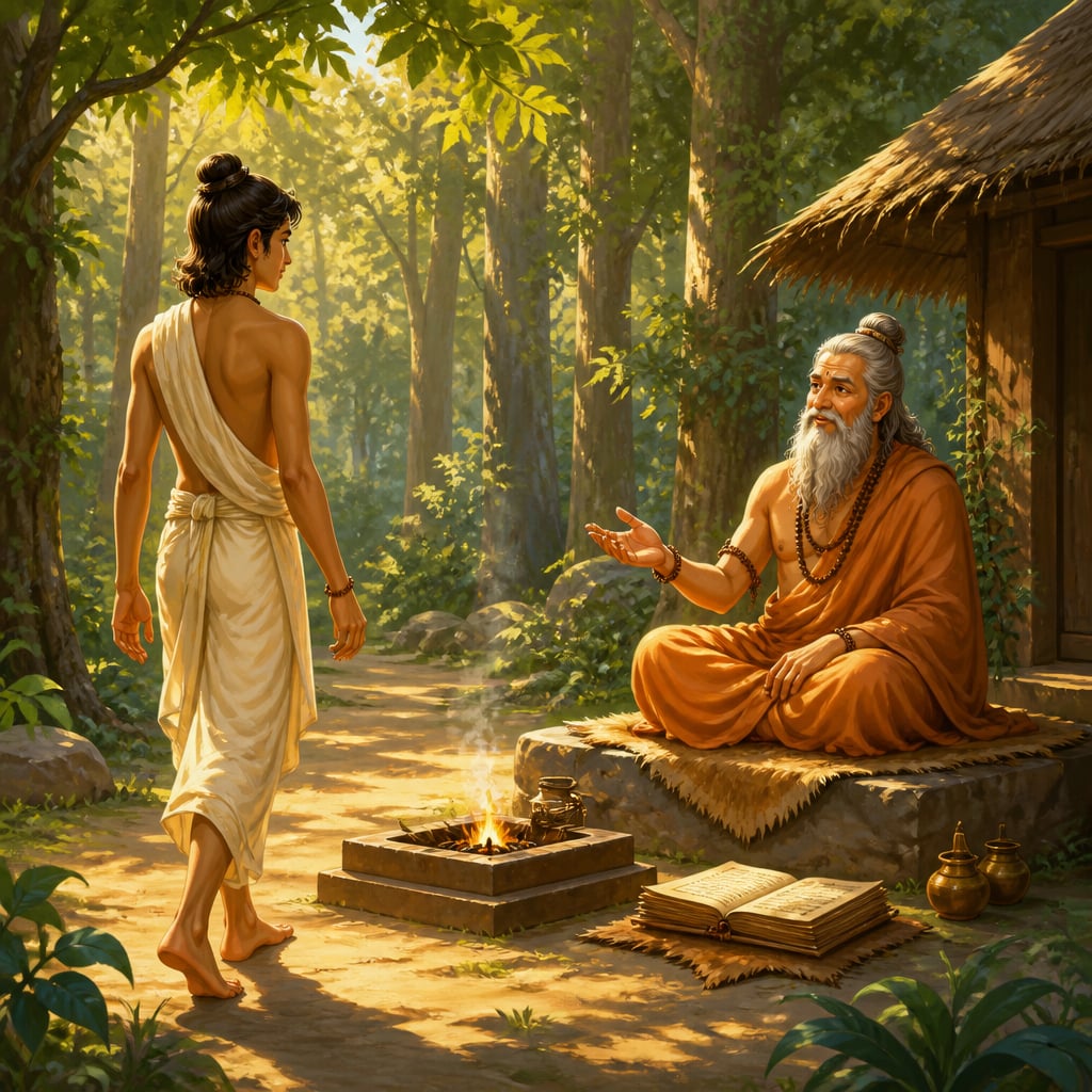 Young Bhrigu returning to his father Varuna's forest hermitage