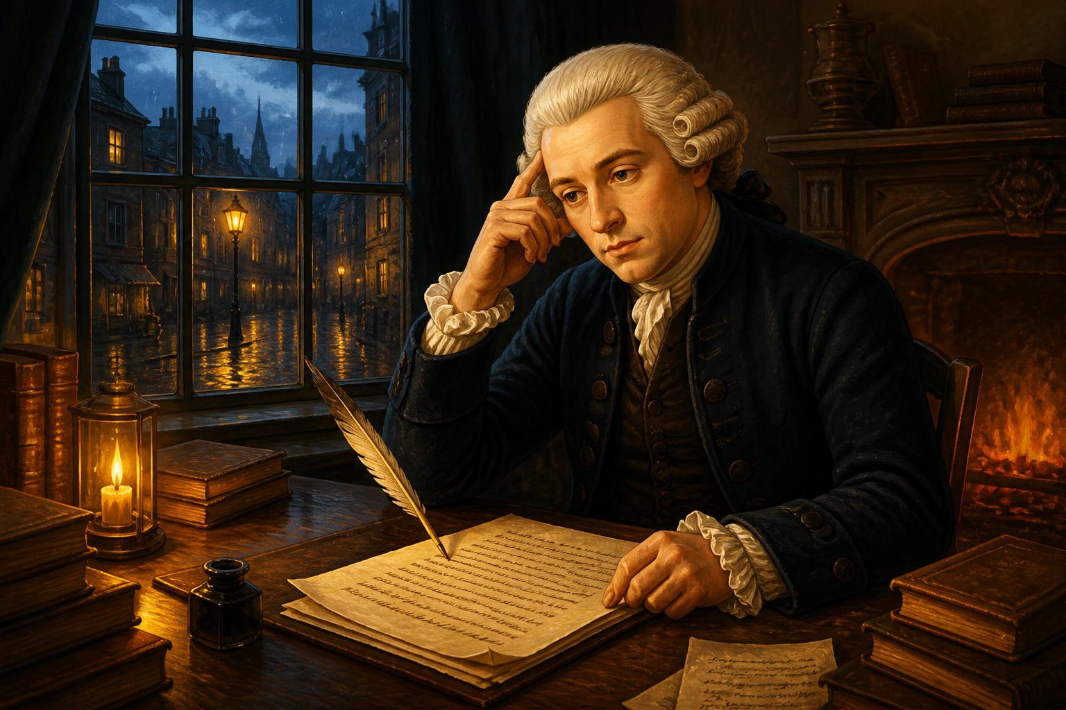 David Hume writing his treatise in 1739 Edinburgh