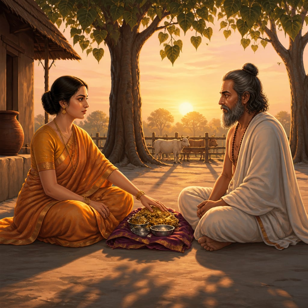 Maitreyi refusing the offered gold in the courtyard