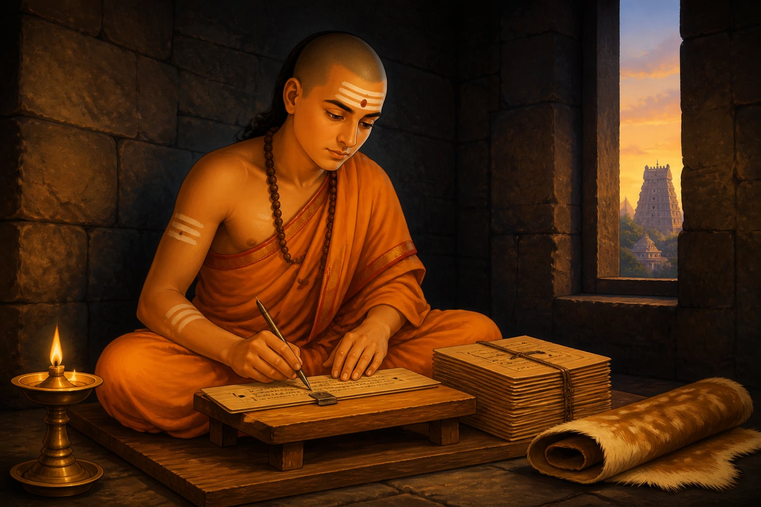 Adi Shankara writing the Atma Bodha by lamplight