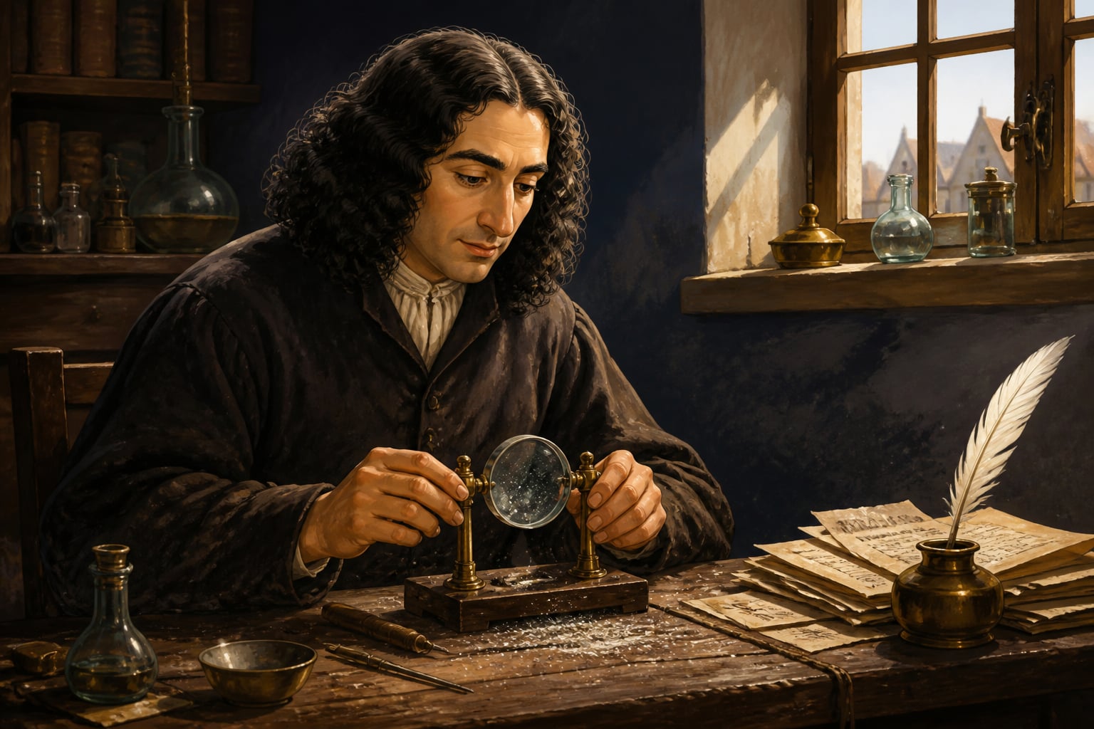 Spinoza grinding lenses and writing letters in Amsterdam