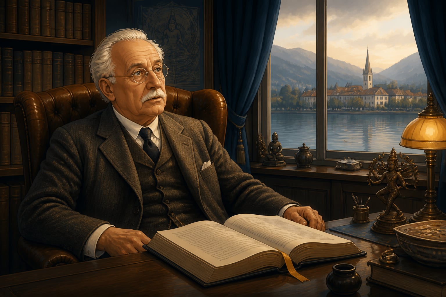 Carl Jung reading the Upanishads in his Zurich study