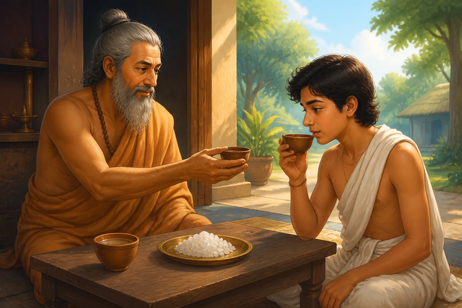 Uddalaka demonstrates the salt-water experiment to Shvetaketu