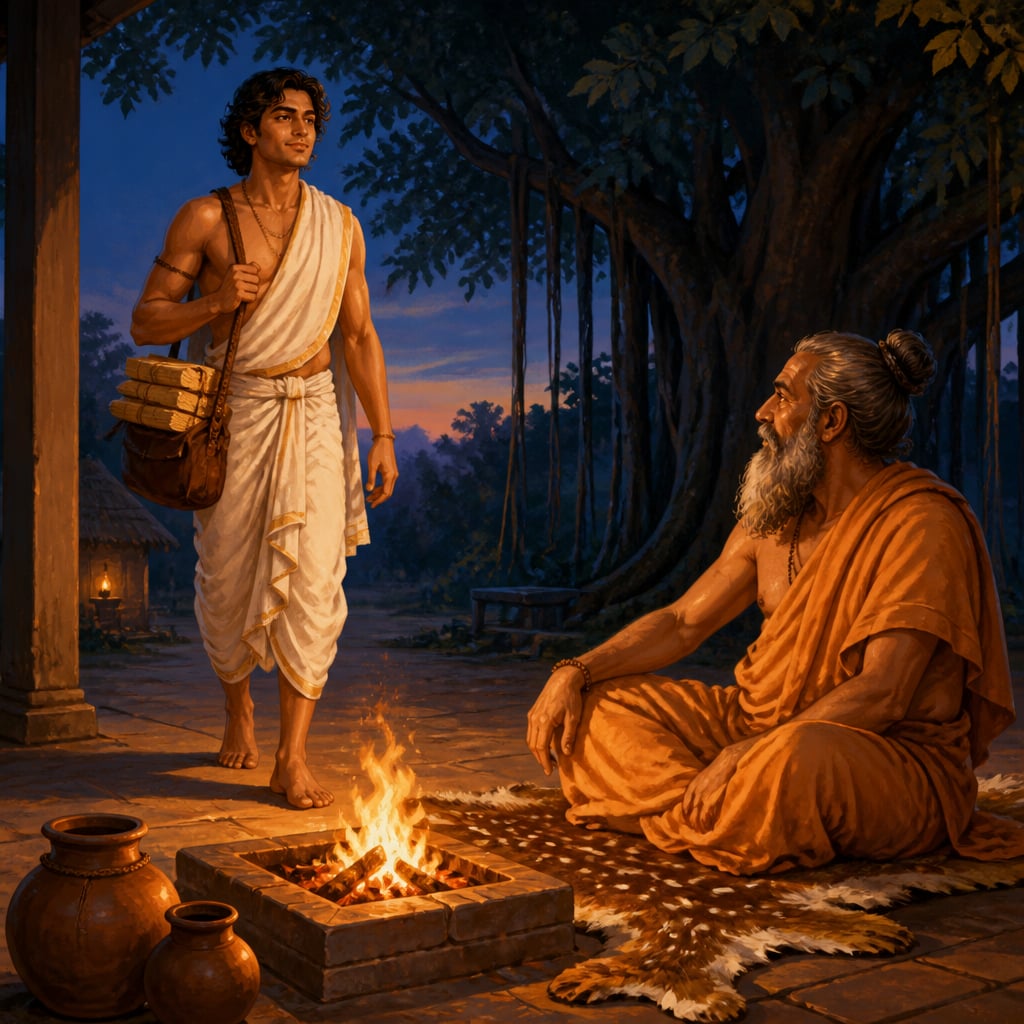 Shvetaketu returning home to his father Uddalaka after twelve years of study