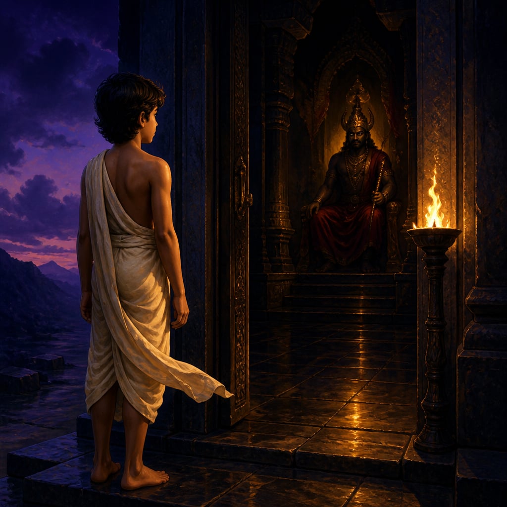 The boy Nachiketa standing at the dark threshold of the house of Yama