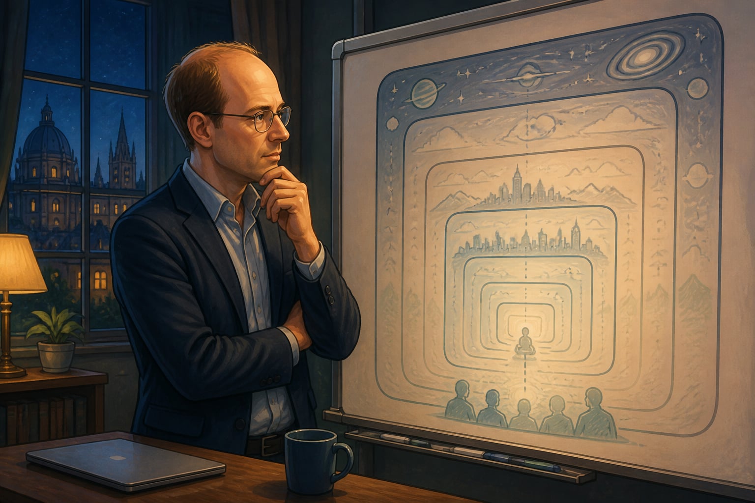 Nick Bostrom at a whiteboard of nested simulated worlds