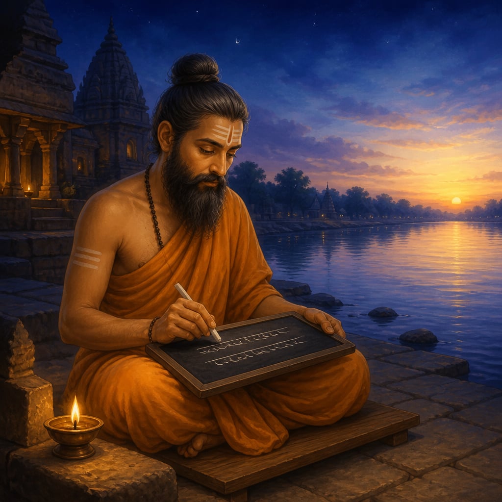 Gaudapada writing on a slate by the Ganga at dawn