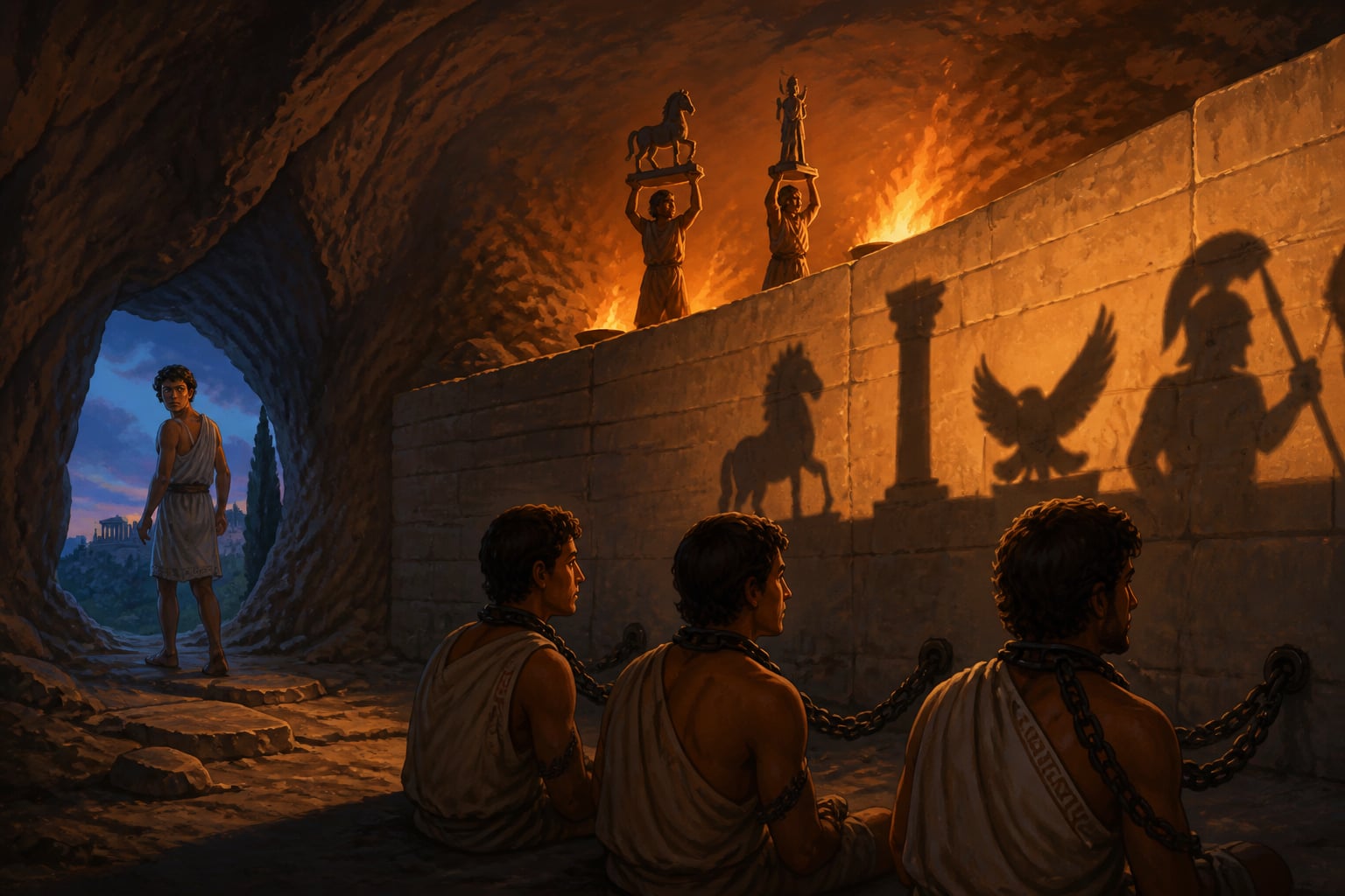 Plato's prisoners watching shadows on a cave wall
