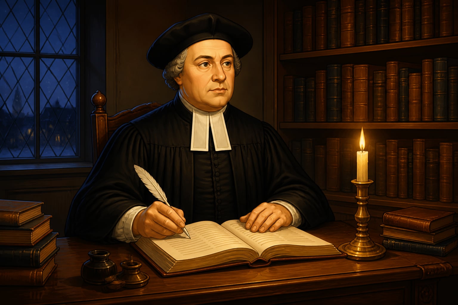 Bishop George Berkeley writing his treatise by candlelight