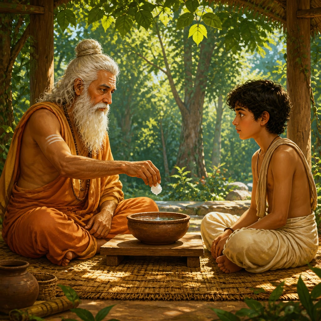 Uddalaka handing Svetaketu a bowl of saltwater
