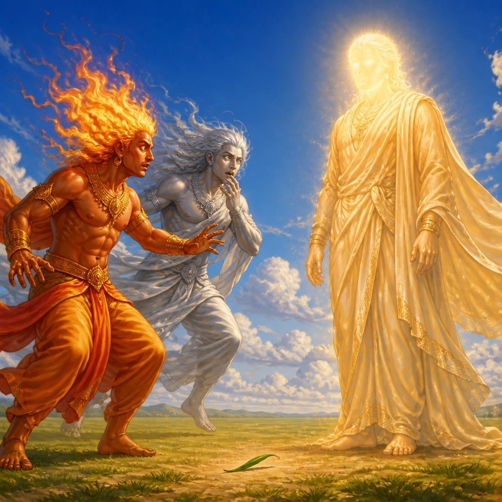 A yaksha placing a blade of grass before Agni and Vayu