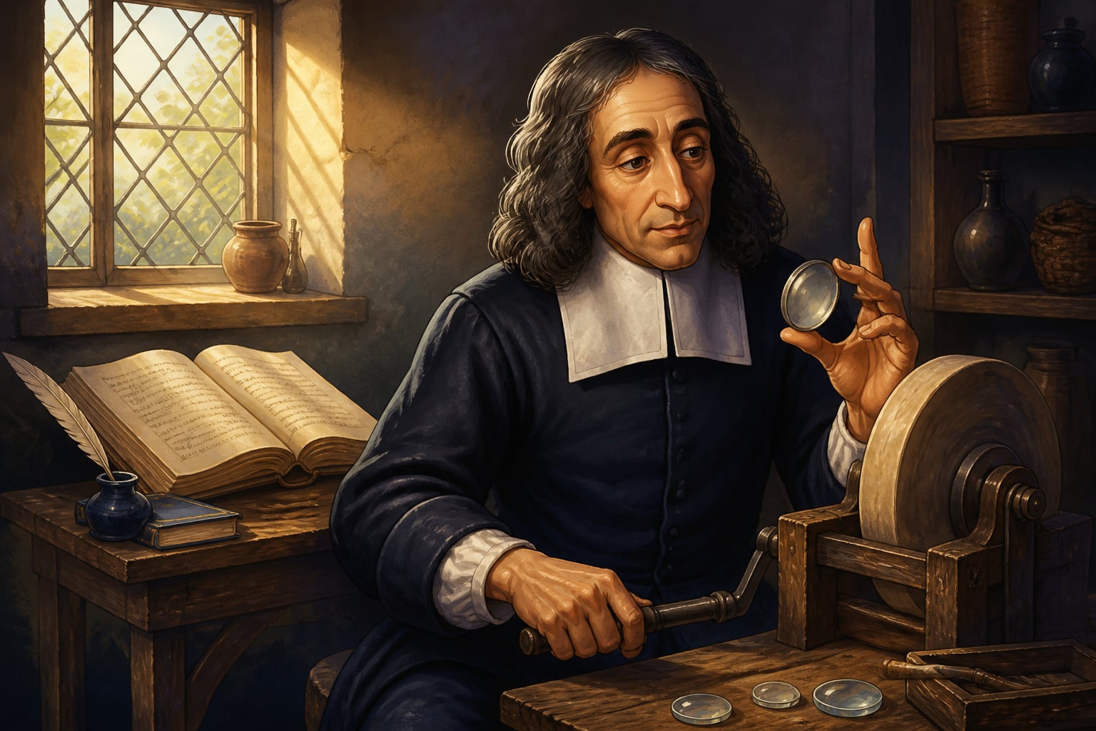 Spinoza grinding lenses while writing the Ethics