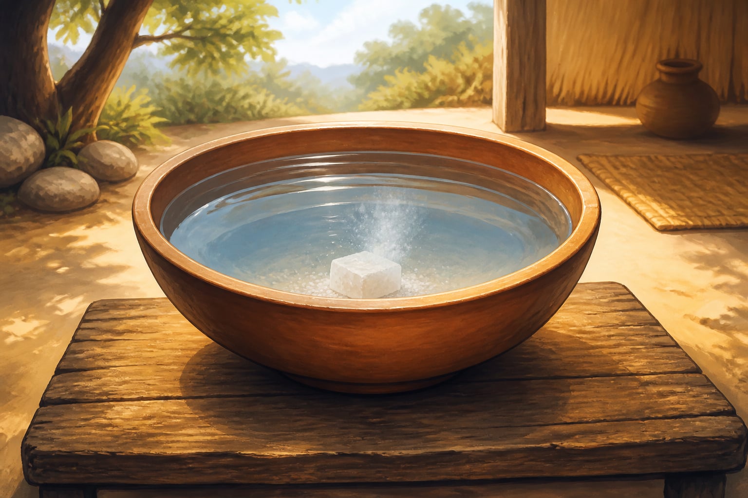 A lump of rock salt dissolving in a bowl of water