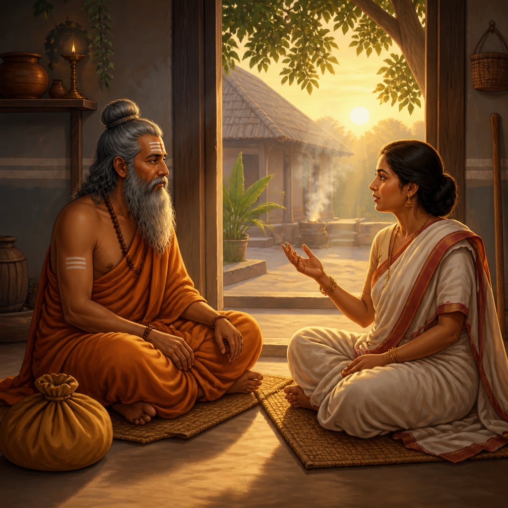 Yajnavalkya teaching Maitreyi in the household courtyard